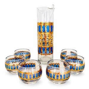 Vintage‎ Culver Azure Scroll Bar Glass Set 22K Gold & Blue Mid Century Modern